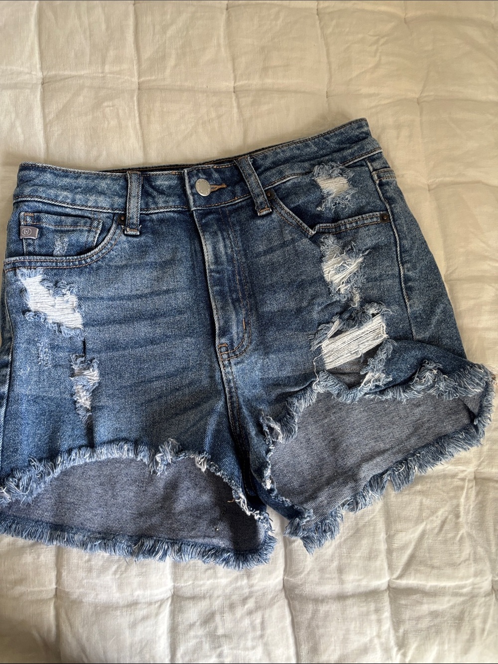 Distressed High-Rise Denim Shorts - Blue